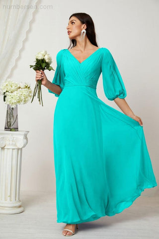 Baoleely  Formal Prom Gown Women V-Neck Chiffon Bridesmaid Dresses Long Bishop Sleeve Party Dress 2807