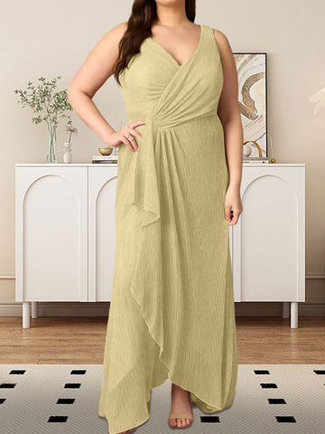 A-Line V-Neck Ruched Metallic Mesh Dress