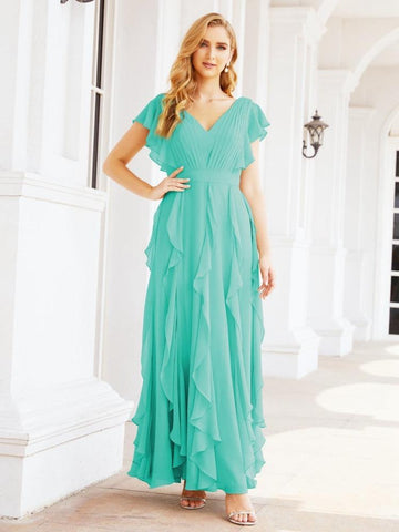 Robe de demoiselle d'honneur à volants et manches longues, robe de soirée formelle 28041 