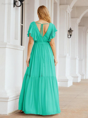 Baoleely Women's Open Back Formal Evening Party Prom Gowns V-Neck Long Chiffon Bridesmaid Dresses with Waist Belt 28038