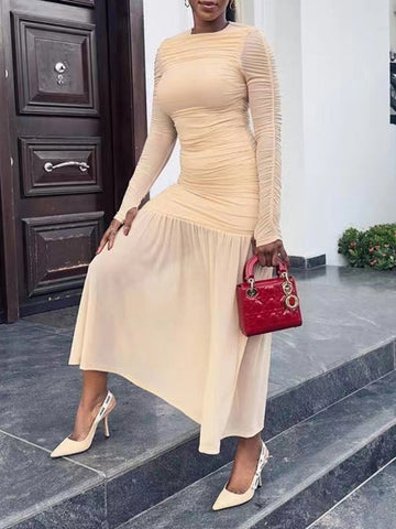 Long Sleeves Skinny Pleated See-Through Solid Color Split-Joint Round-Neck Evening Dresses Maxi Dresses