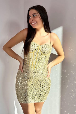 Sparkly Sheath Spaghetti Straps Champagne Short Homecoming Dress with Beading