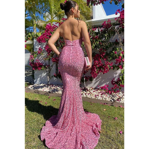 Vestido de fiesta de sirena con lentejuelas y escote corazón y purpurina 