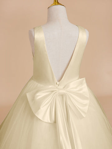 Classic White A-line Sleeveless Satin and Tulle Flower Girl Dress