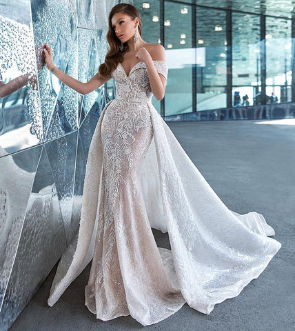 Robe de mariée sirène 2 en 1, décolleté cœur orné d'appliqués de dentelle, confectionnée sur mesure, grandes tailles.