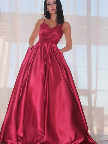 Long A-line Spaghetti Straps Satin Backless Prom Dresses with Pockets