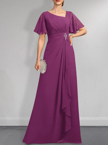 A-line Asymmetrical Floor-Length Chiffon Mother of the Bride Dress With Pleated Beading Sequins