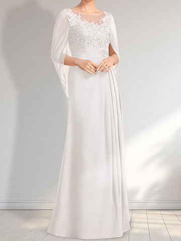 A-line Scoop Illusion Floor-Length Lace Chiffon Mother of the Bride Dress With Pleated Sequins