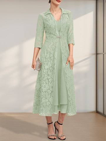 A-line V-Neck Tea-Length Chiffon Mother of the Bride Dress