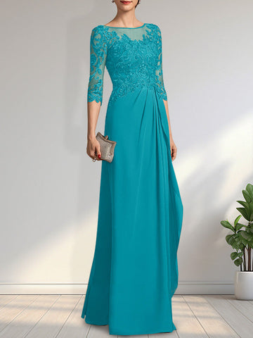 A-line Scoop Illusion Floor-Length Chiffon Lace Mother of the Bride Dress With Beading Sequins Cascading Ruffles