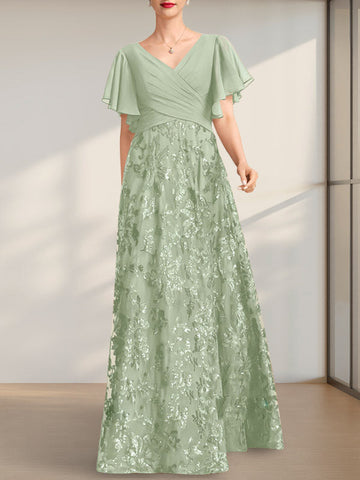 A-line V-Neck Floor-Length Lace Sequin Chiffon Mother of the Bride Dress With Pleated