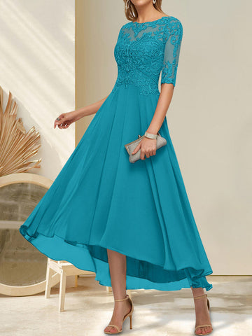A-line Boat Neck Illusion Asymmetrical Chiffon Lace Mother of the Bride Dress With Sequins Beading