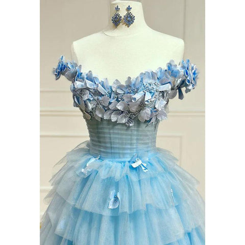 Vestido de fiesta formal de tul, glamuroso y dramático, sin mangas, con hombros descubiertos y corte A