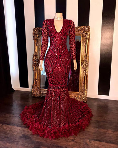 Robe de bal sirène à sequins, longueur au sol, bordeaux, manches longues