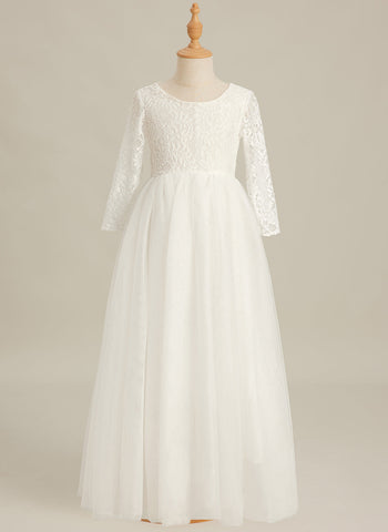 Angelic White Lace A-Line Long Sleeve Tulle Flower Girl Dress