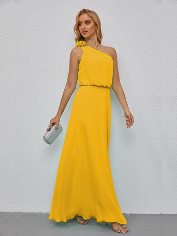 Robe de demoiselle d'honneur longue sans manches à volants et à une épaule, coupe trapèze, robe de soirée formelle fendue sur le côté 28080 