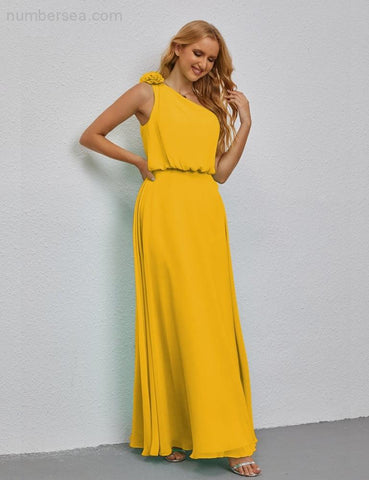 Robe de demoiselle d'honneur longue sans manches à volants et à une épaule, coupe trapèze, robe de soirée formelle fendue sur le côté 28080 