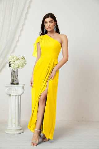 Robe de demoiselle d'honneur longue en mousseline de soie à volants et à une épaule, coupe trapèze, robe de soirée formelle fendue sur le côté, 2809