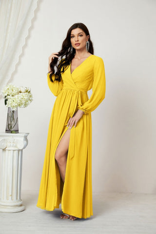 Sunnderly Evening Dresses Deep V-Neck Chiffon Bridesmaid Dresses Long Bishop Sleeve Side Split Formal Dress SY2806
