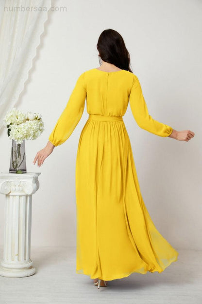 Numbersea Evening Dresses Deep V-Neck Chiffon Bridesmaid Dresses Long Bishop Sleeve Side Split Formal Dress 2806