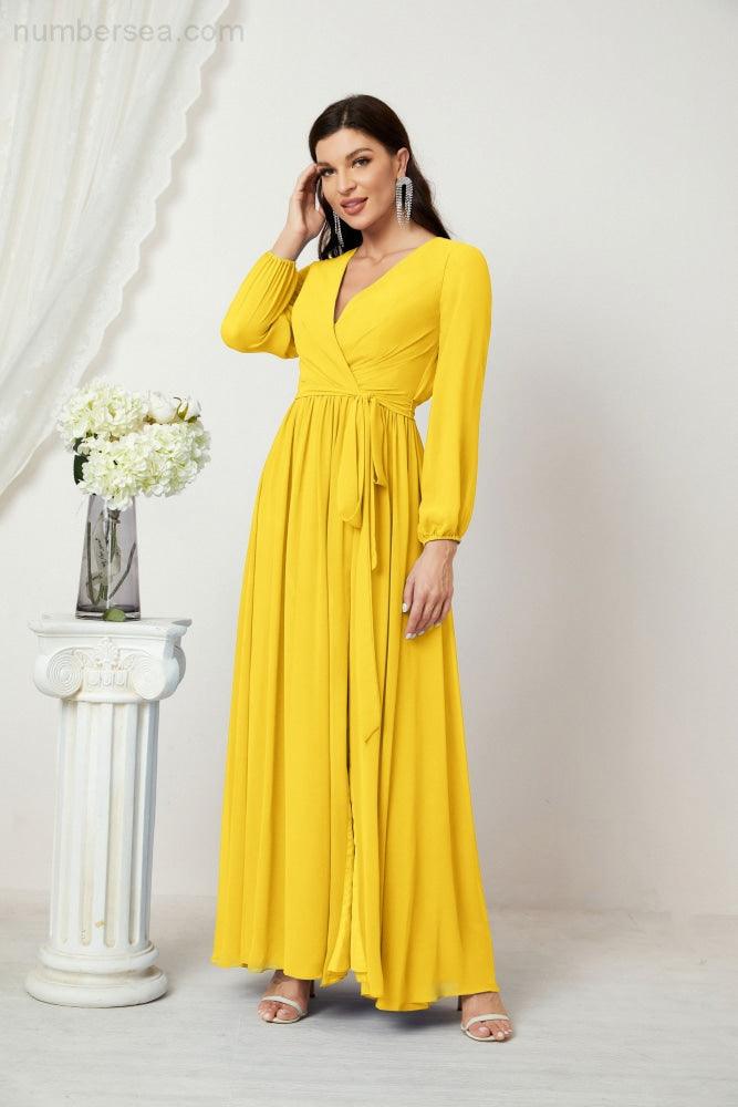 Numbersea Evening Dresses Deep V-Neck Chiffon Bridesmaid Dresses Long Bishop Sleeve Side Split Formal Dress 2806