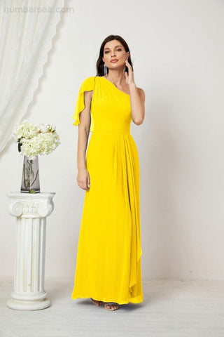 Robe de demoiselle d'honneur longue en mousseline de soie à volants et à une épaule, coupe trapèze, robe de soirée formelle fendue sur le côté, 2809