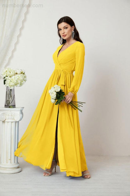 Numbersea Evening Dresses Deep V-Neck Chiffon Bridesmaid Dresses Long Bishop Sleeve Side Split Formal Dress 2806