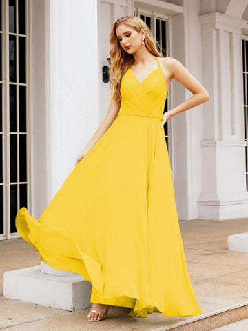 Baoleely Halter Chiffon Bridesmaid Dresses Wedding Appare Sleeveless Formal Prom Dress with Ruffled Back 28035
