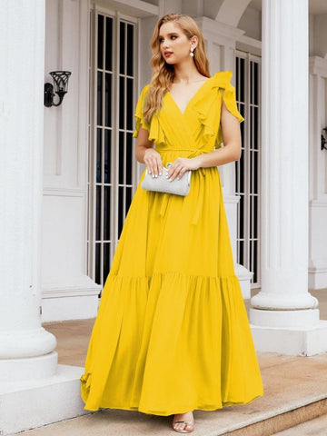 Baoleely Women's Open Back Formal Evening Party Prom Gowns V-Neck Long Chiffon Bridesmaid Dresses with Waist Belt 28038