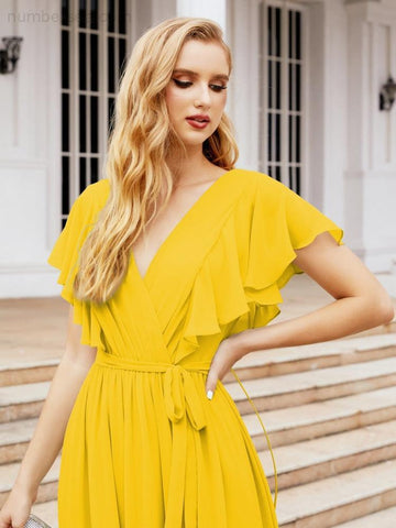 Baoleely Women's Open Back Formal Evening Party Prom Gowns V-Neck Long Chiffon Bridesmaid Dresses with Waist Belt 28038