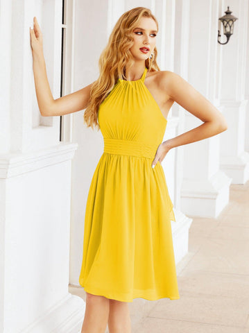 Robe de demoiselle d'honneur courte en mousseline de soie, dos nu, sans manches, robe de soirée formelle, dos nu, Baoleely 28023 