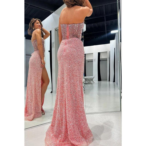 Vestido de fiesta de graduación con escote en forma de corazón, cuentas brillantes y abertura lateral 