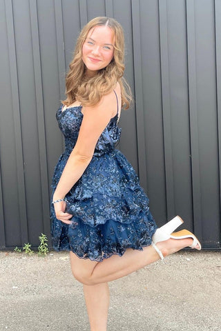 Vestido de fiesta de princesa, corte línea A, tirantes finos, corsé azul marino con volantes