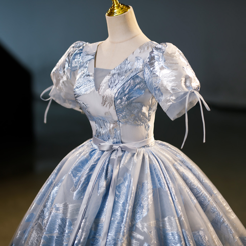 Robe de bal élégante bleue imprimée, coupe trapèze, robe de quinceañera Y7678