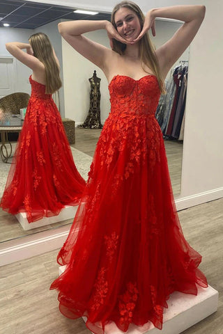 A Line Sweetheart Red Long Prom Dress with Appliques