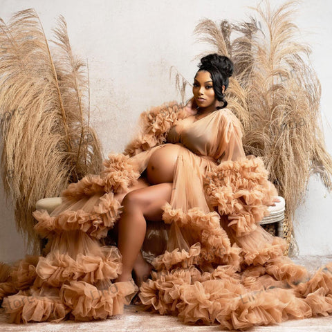 Prom Dress Sexy V-Neck Ruffle Front Split Pregnancy Photography Tauze Sleeve Ruffled Maternity Wear