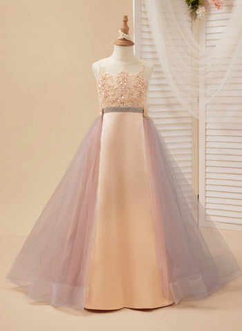 A-line Satin Tulle Sweep Train Champagne Dress (010226776)