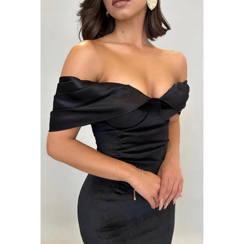 Vestido de fiesta formal de corte trompeta, sencillo y elegante, con hombros descubiertos y mangas cortas