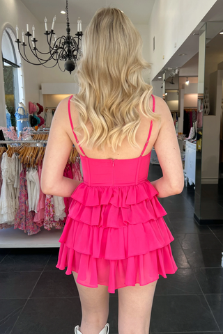 Vestido de fiesta rosa fucsia con tirantes finos y corte en A Y2287