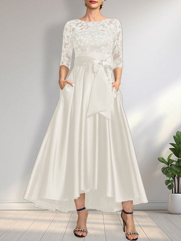 A-line Scoop Illusion Asymmetrical Satin Lace Mother of the Bride Dress With Bow