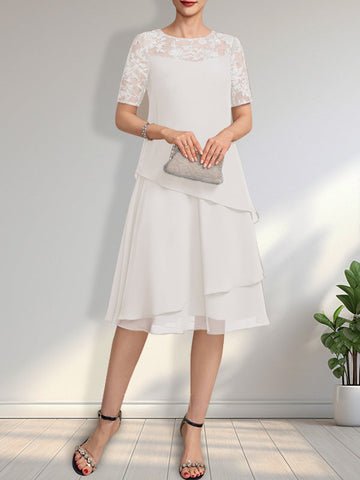 A-line Scoop Illusion Knee-Length Lace Chiffon Mother of the Bride Dress With Sequins