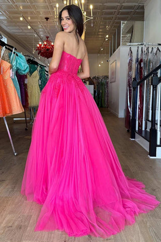 A-Line Hot Pink Tulle Lace StraplessLong Prom Dress