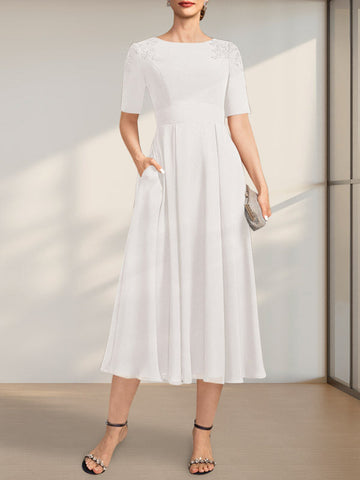 A-line Scoop Tea-Length Chiffon Mother of the Bride Dress With Appliques Lace Sequins