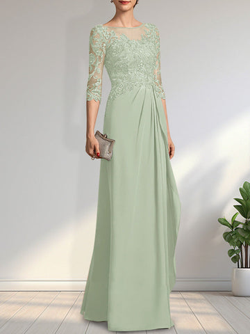A-line Scoop Illusion Floor-Length Chiffon Lace Mother of the Bride Dress With Beading Sequins Cascading Ruffles