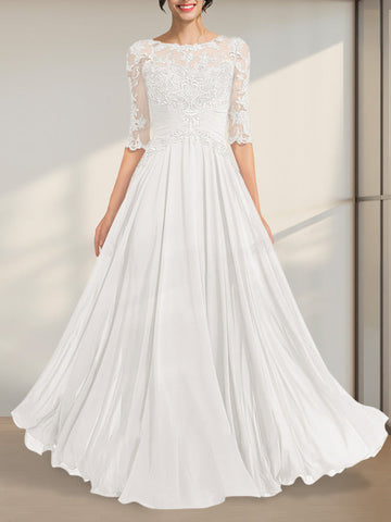 A-line Scoop Illusion Floor-Length Chiffon Lace Mother of the Bride Dress With Pleated Sequins