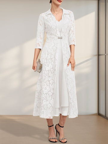 A-line V-Neck Tea-Length Chiffon Mother of the Bride Dress