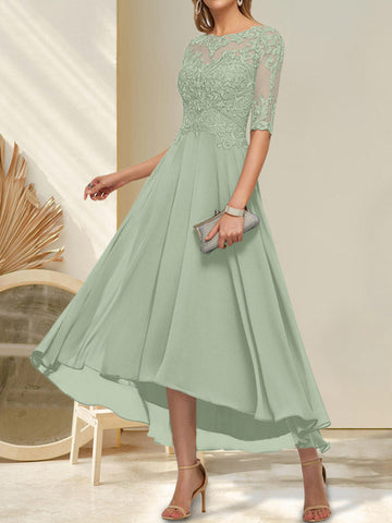 A-line Boat Neck Illusion Asymmetrical Chiffon Lace Mother of the Bride Dress With Sequins Beading