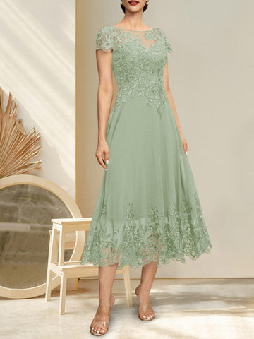 A-line Illusion Scoop Tea-Length Lace Chiffon Mother of the Bride Dress With Sequins