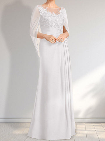 A-line Scoop Illusion Floor-Length Lace Chiffon Mother of the Bride Dress With Pleated Sequins