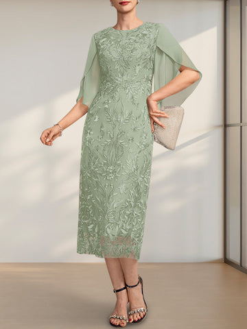 Sheath/Column Scoop Tea-Length Lace Chiffon Mother of the Bride Dress